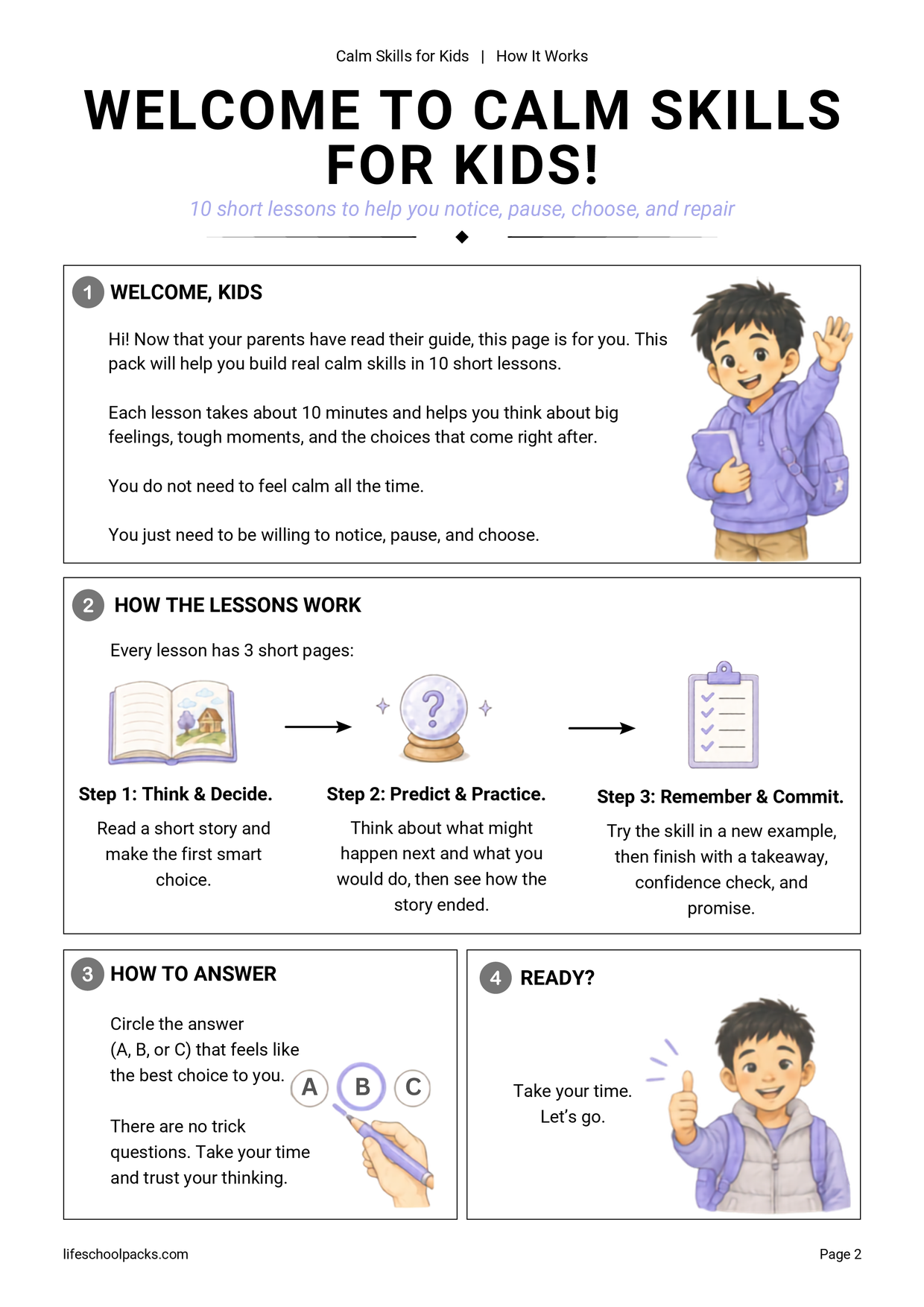 Calm Skills for Kids kid welcome sample page