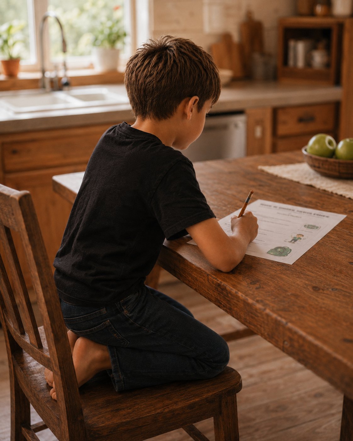 Boy at a kitchen table writing a LifeSchool lesson