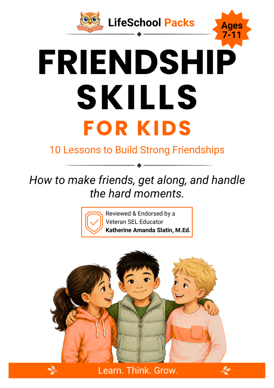 Friendship Skills for Kids pack cover, ages 7 to 11, reviewed by Katherine Amanda Slatin, M.Ed.