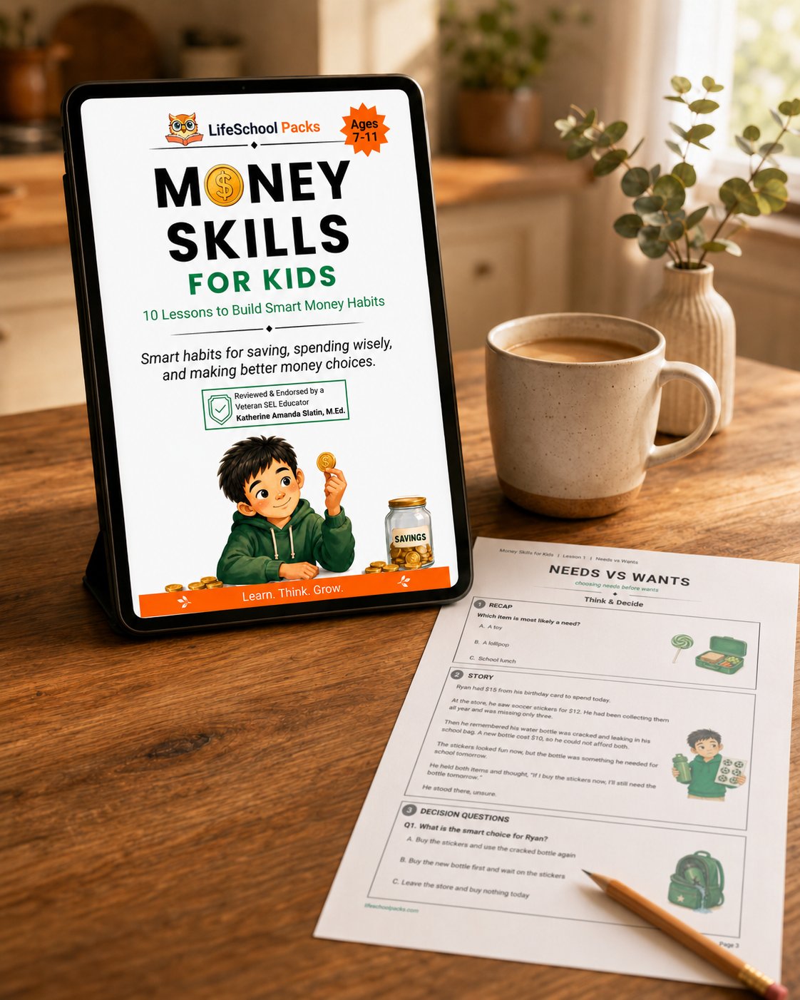 Money Skills for Kids displayed on a tablet next to a printed worksheet on a kitchen table