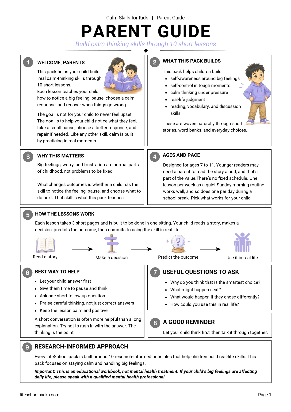 Calm Skills for Kids parent guide sample page
