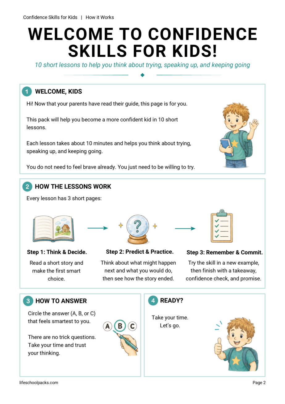 Confidence Skills for Kids kid welcome sample page