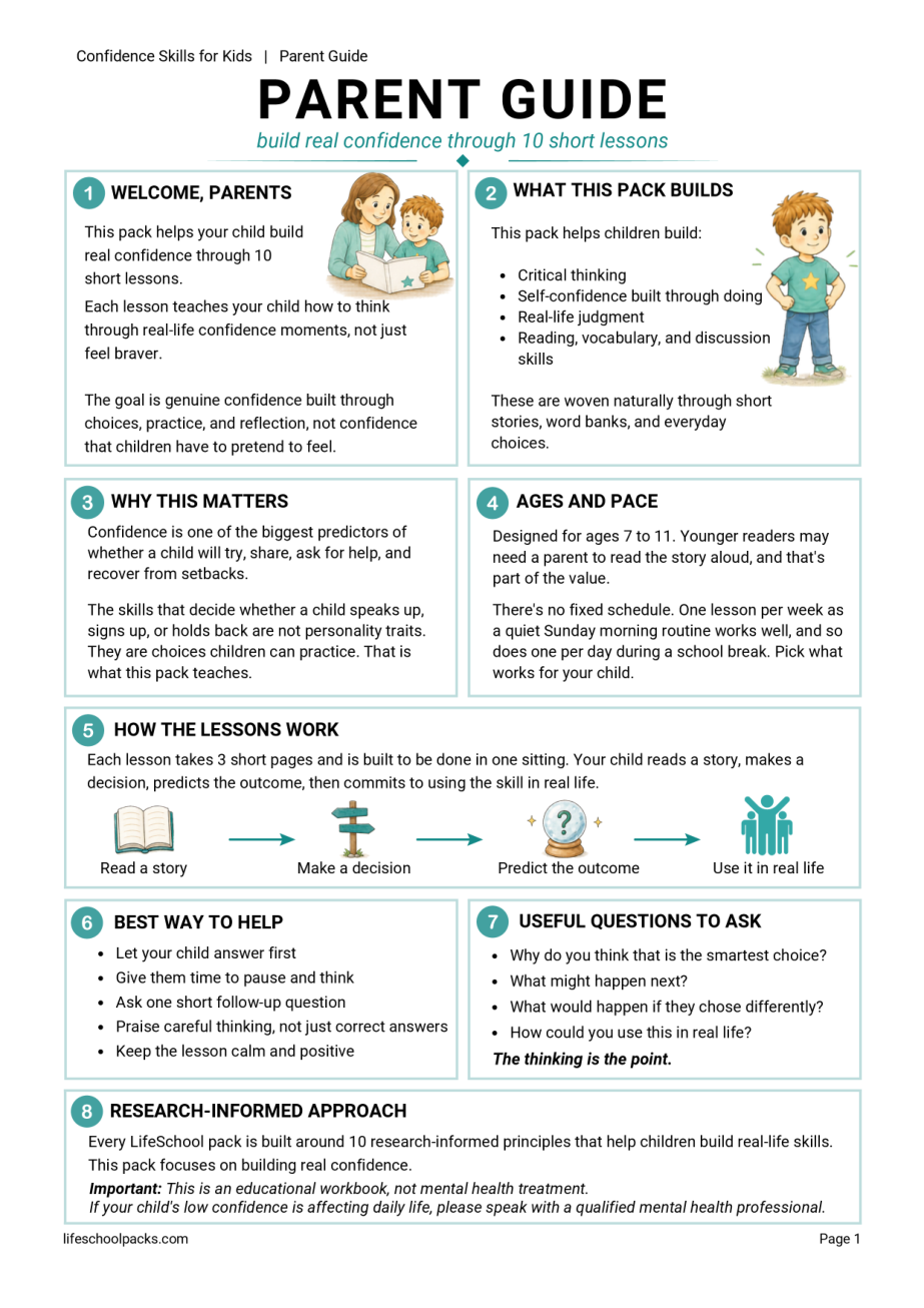 Confidence Skills for Kids parent guide sample page