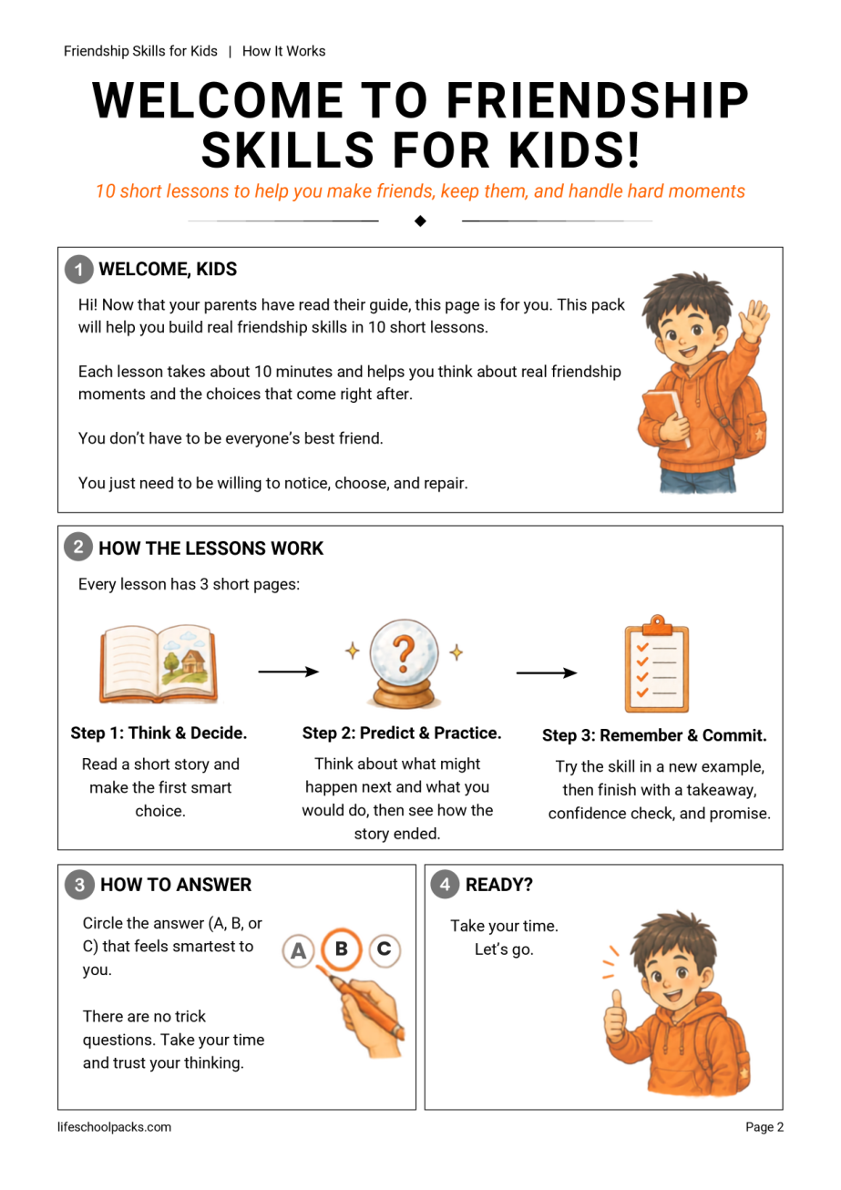 Friendship Skills for Kids kid welcome sample page