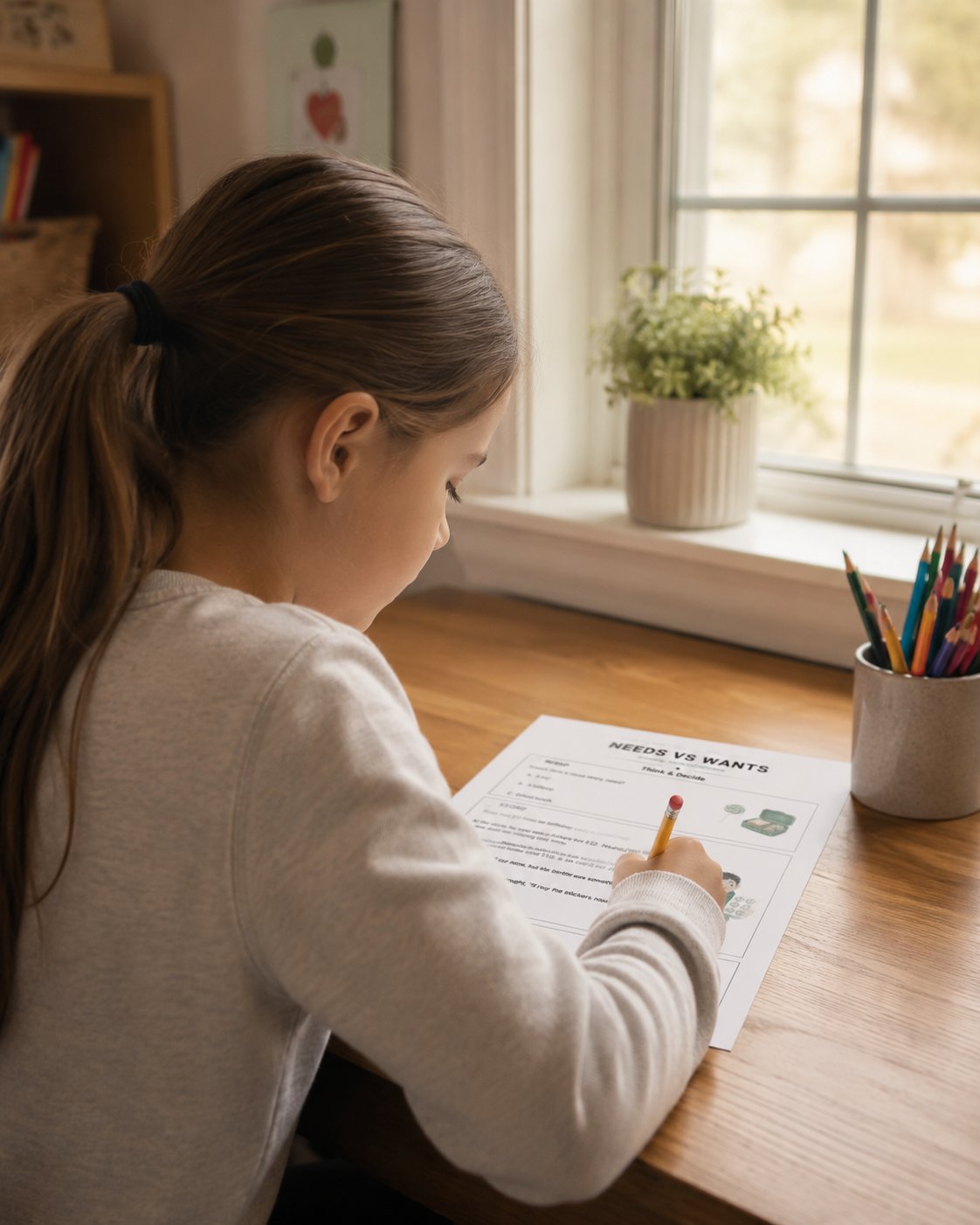 Girl writing on a LifeSchool worksheet by a window