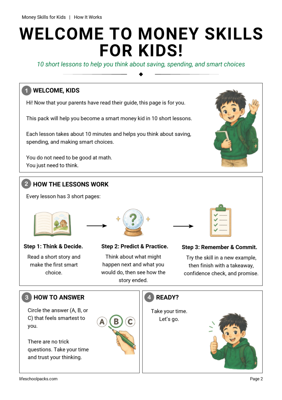 Money Skills for Kids kid welcome sample page