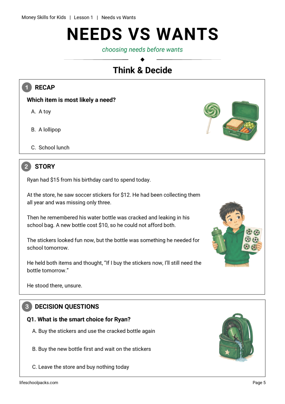 Money Skills for Kids Lesson 1 page 1 sample