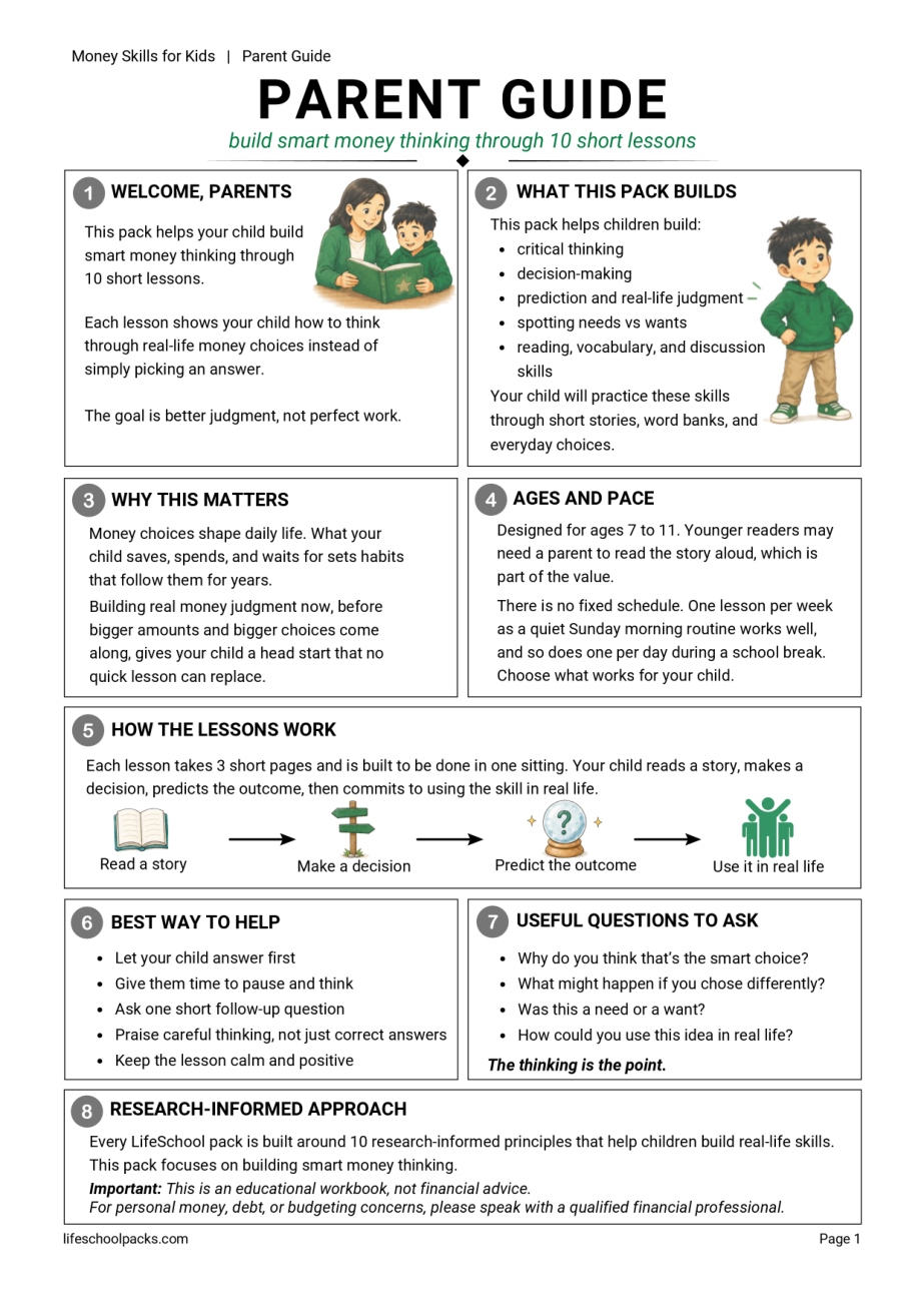 Money Skills for Kids parent guide sample page