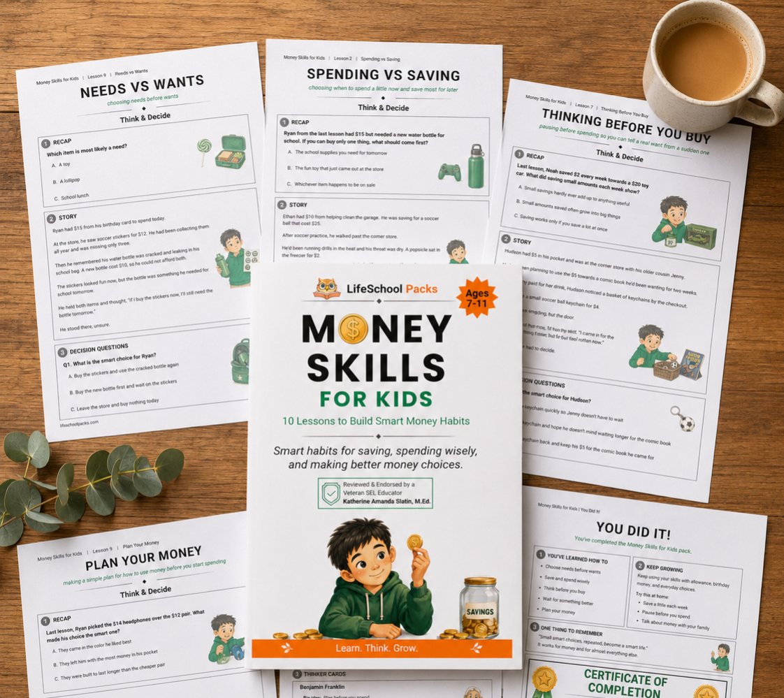 LifeSchool pack flat lay with cover, lesson pages, and certificate