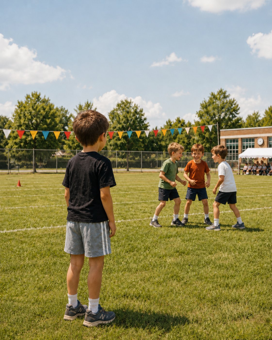 Boy standing alone at school sports day watching other children play, the moment that inspired LifeSchool Packs